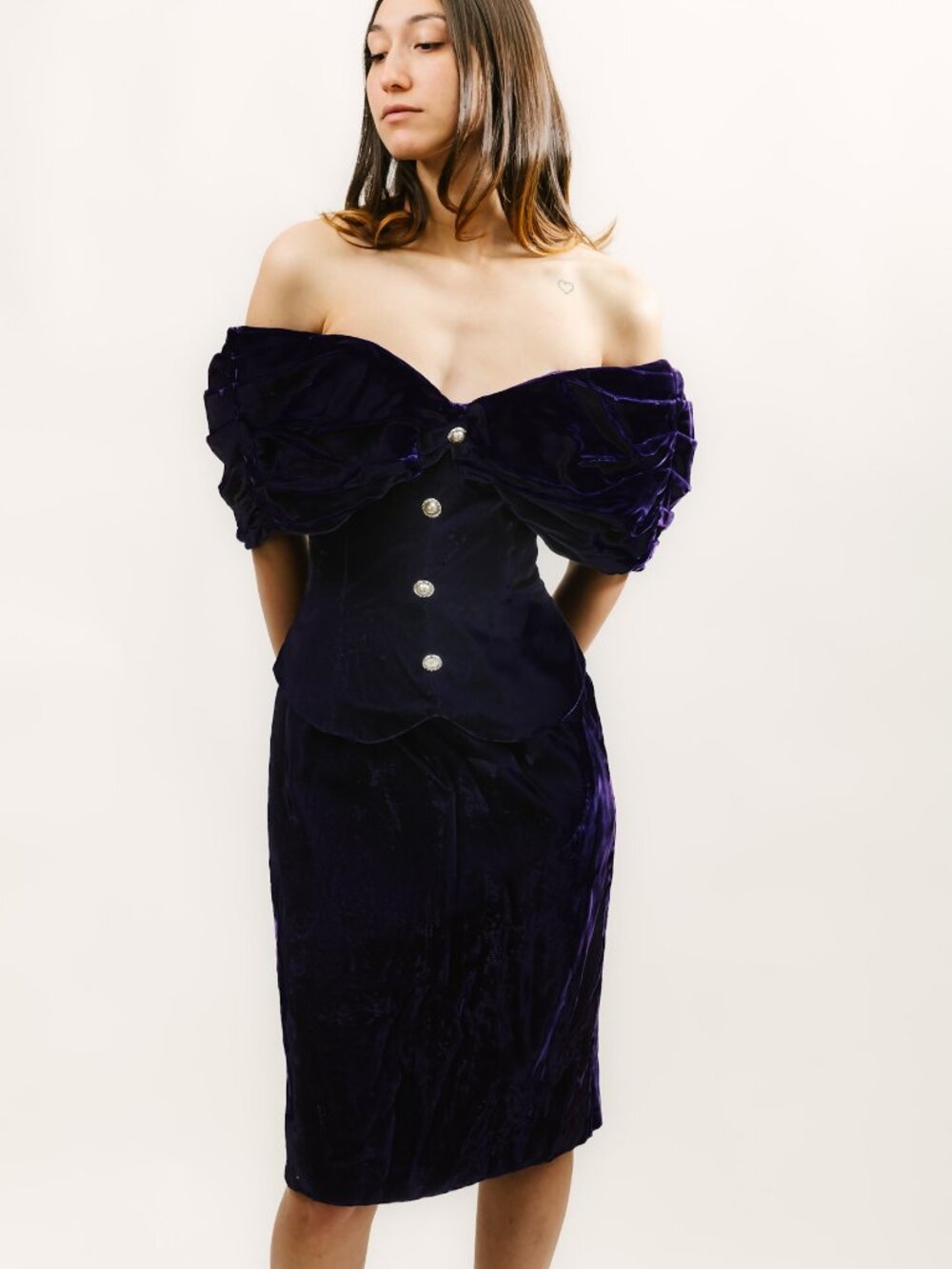80s Off Shoulder Dress (M) medium purple vintage midi pencil glam retro cocktail